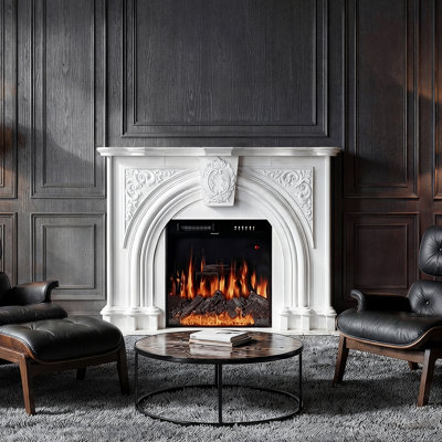Traditional White Painted Wood Electric Fireplace With Ornate Carved Mantel, 24 In. Insert, 1500W Heater, Remote Control