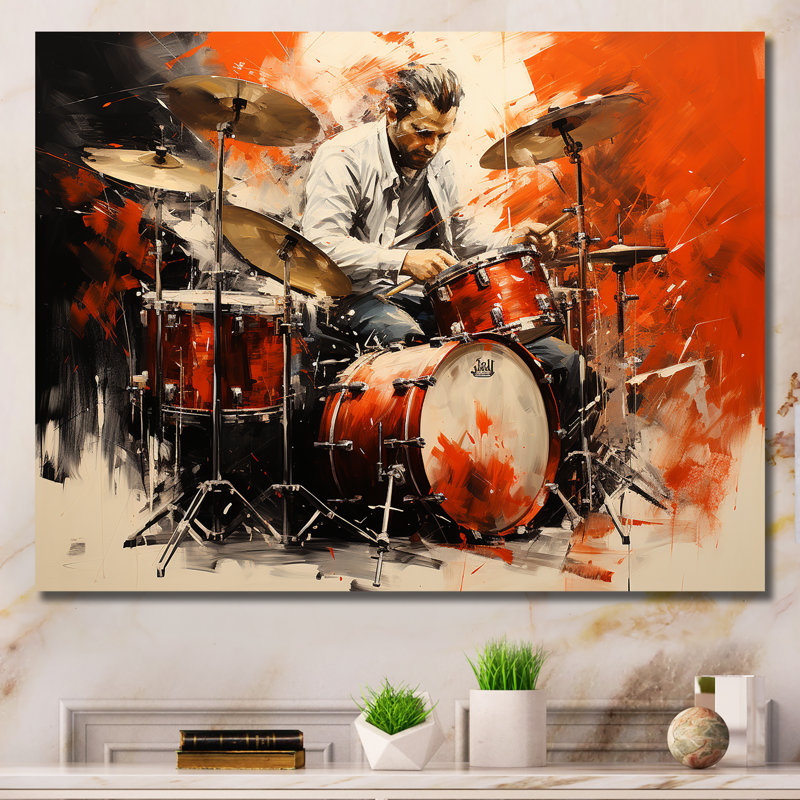 Deep Red Drum Beat, peinture I - musique, art mural, Toile tendue, H 30 po x l 40 po x P 1,5 po