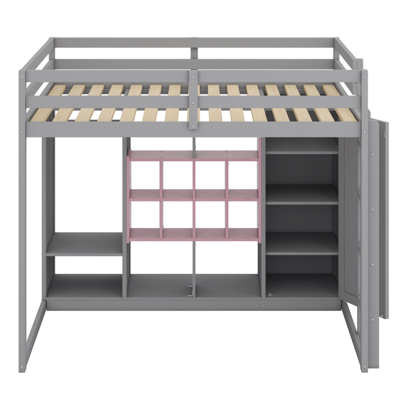 Lit mezzanine en bois avec garde-robe, tablettes et armoire, Gris / Rose, Double