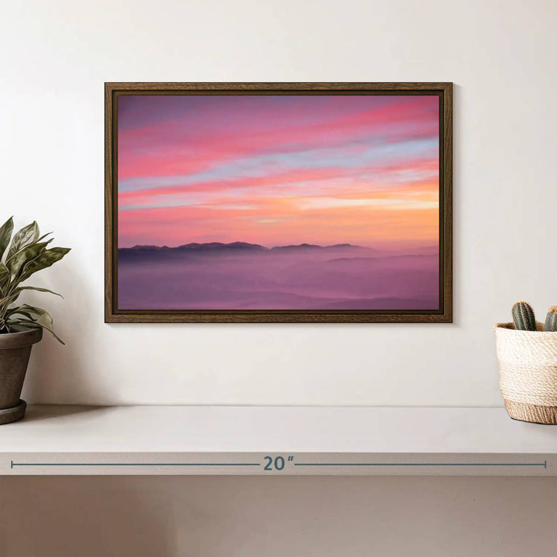 Lever de soleil rose, 13 po x 9 po, Cadre flottant en noyer