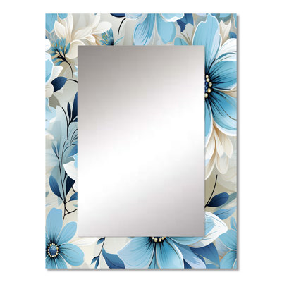 Arinori Blue Coastal Harmony Floral Pattern - Floral Decorative Wall Mirror, Cottage Mirror, Printed Metal Art