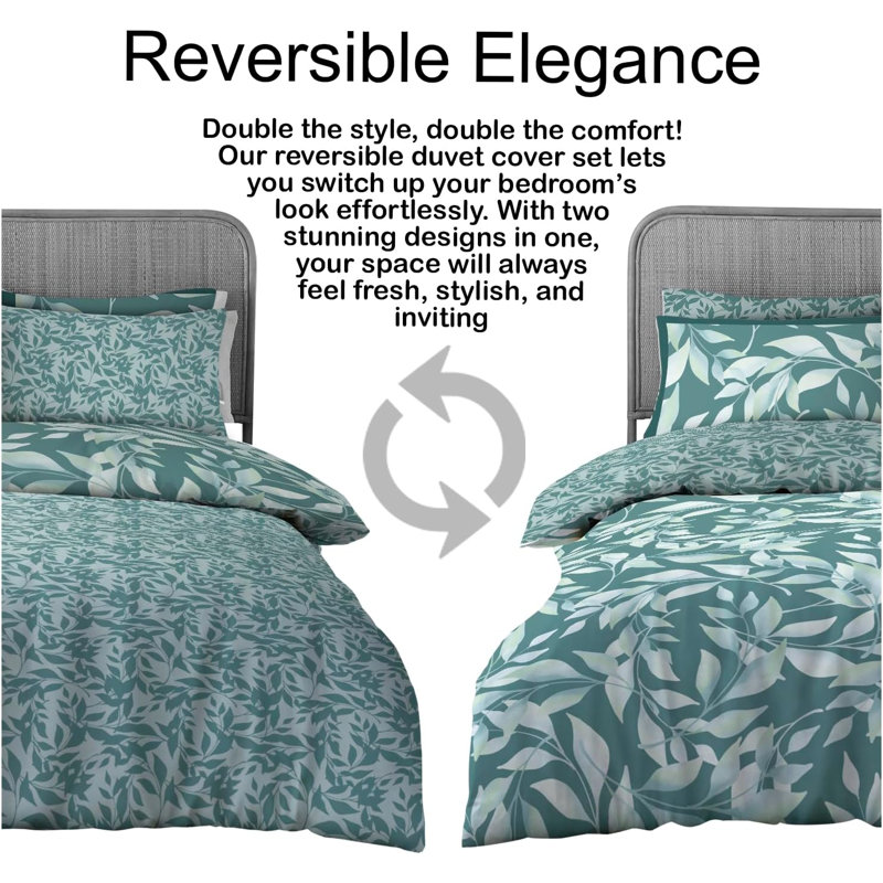 Botanical Polycotton Duvet Cover Set with Pillowcases - Breathable Fabric Soft Leaf Print Bedding in Single Double King, King