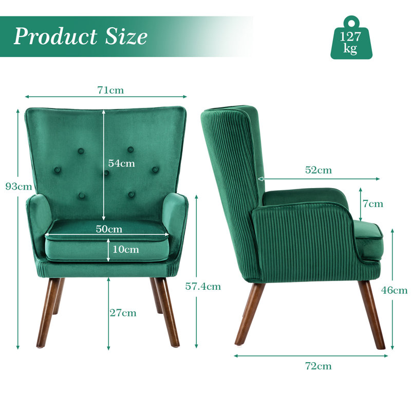 71cm W Modern Solid Wood Armchair & Accent Chair with Velvet Upholstery for Living Room , Teal