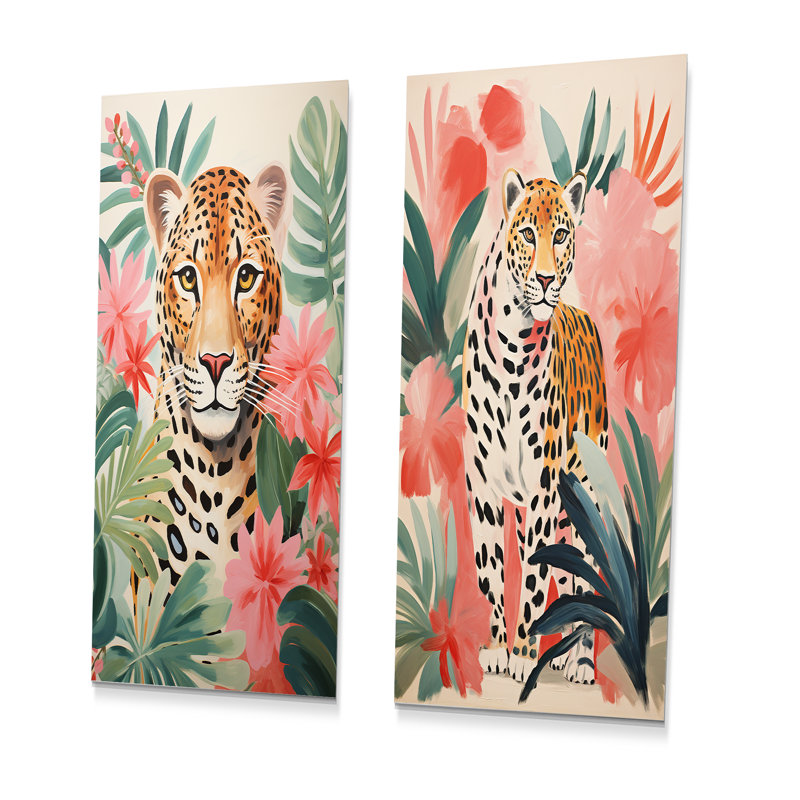 Léopard vert et rose dans la jungle I - ensemble de 2 impressions de léopard, H 28 po x l 24 po