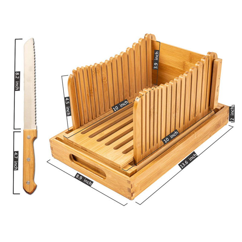 Bamboo Bread Slicer With Crumb Tray Bamboo Bread Cutter For Homemade Bread, Loaf Cakes, Bagels Slicer, 3 Slice Sizes, Adjustable, Compact, Foldable