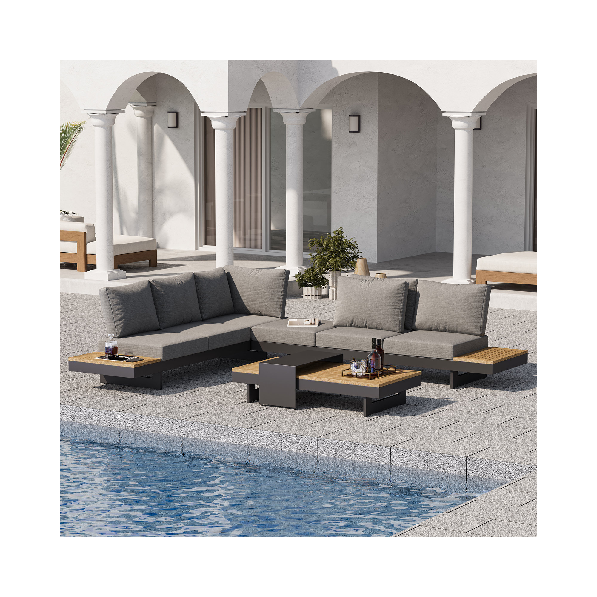 6-Person Teak & Aluminum Modular Outdoor Patio Set , Gray