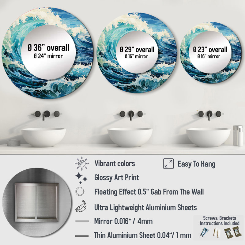 Coastal Waves Of Wonder VII - Waves Decorative Mirror, Coastal Wall Mirror, Printed Metal Art, 23" x 23", Round