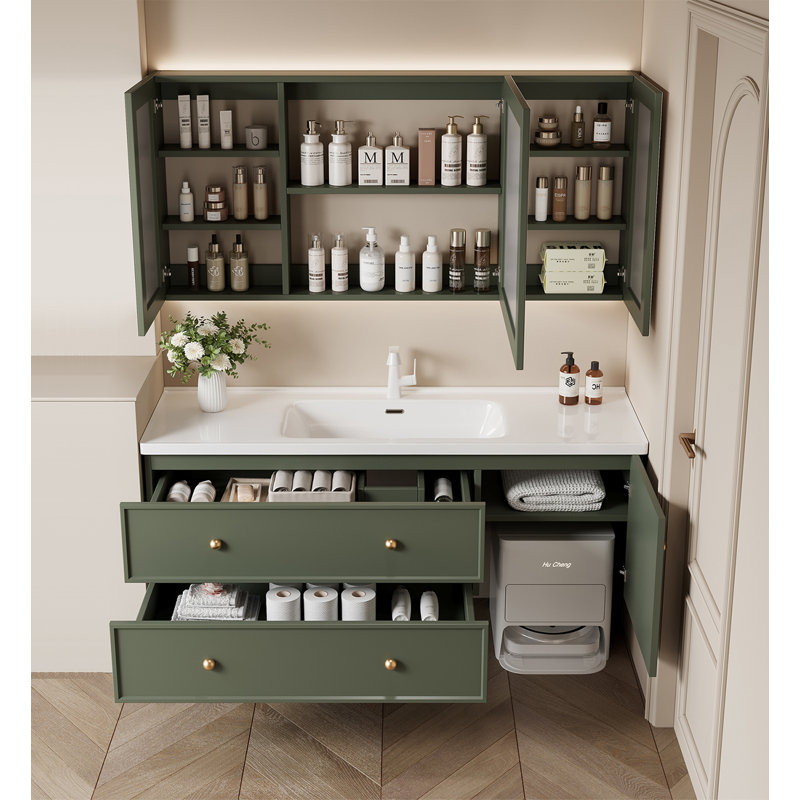 Meuble-lavabo en bois d'hévéa de style français avec lavabo en céramique