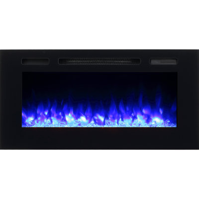 Puraflame Alice 40" Recessed Electric Fireplace, Flush Mounted for 2 X 6 Stud, Log Set & Crystal, 1500W Heater, Black