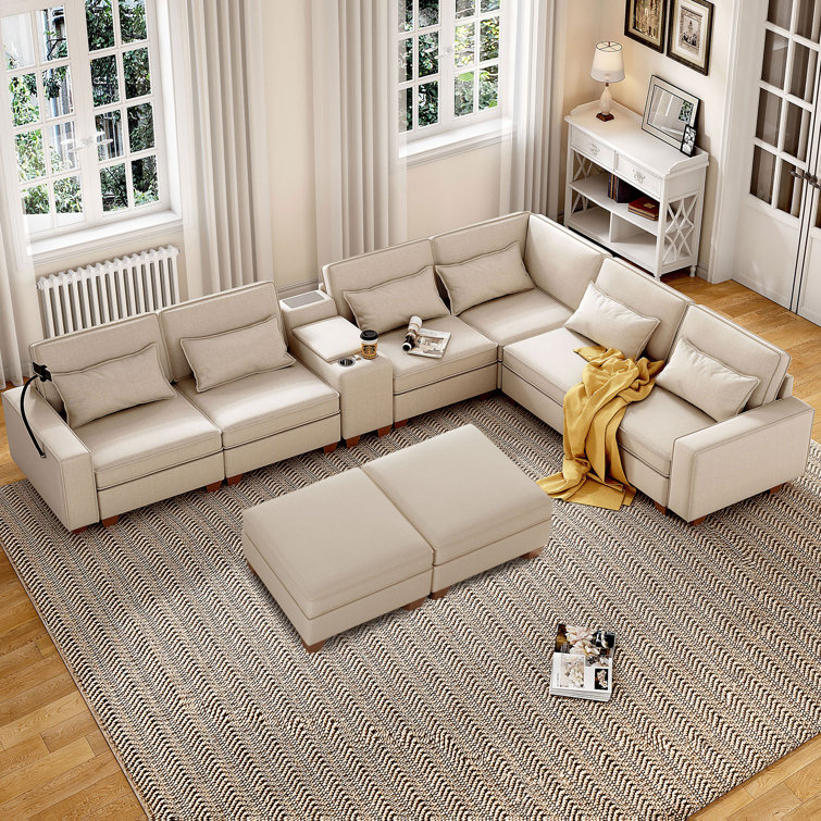 L-Shaped 6 Seats Modular Sectional Sofa with Storage Seats, Phone Holder and Console Table
