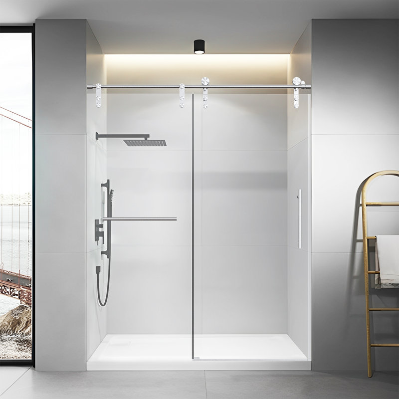 56-60" W * 76" H Frameless Single Sliding Shower Doors Without Soft-Close, Bathroom Sliding Shower Door With Towel Rail And Auxiliary Handle, 5/16" (8Mm) Thick Sgcc Tempered Glass Door, Brushed Nickel