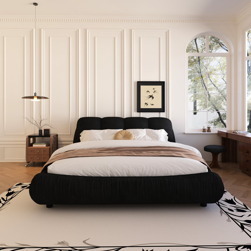 King Size Platform Bed With Ergonomic Headboard, Solid Pine Wood, Wrinkle Fabric, Stable Support, Black Upholstered Comfortable Padding, Wood Frame