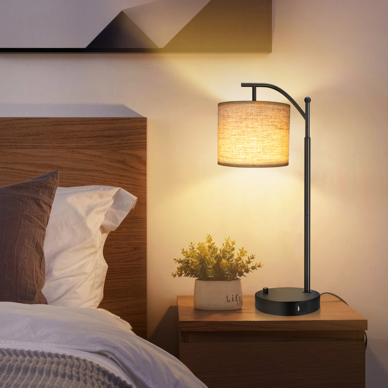 Veradi 23” Modern Arched Small Table Lamp with Bulb,Rotary Dimmer Switch Desk Lamp with with Adjustable Shade（Set of 2)