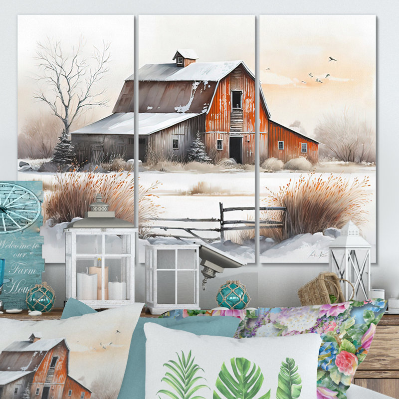 «Red Barn Scenery In Winter II», reproduction sur toile 3 pièces, H 32 po x l 48 po x P 1 po, Toile tendue