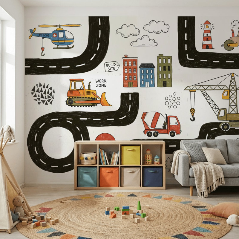 Papier peint blanc, véhicules de construction, feuille de route, décoration murale amovible pour enfants, 100 po x 96 po