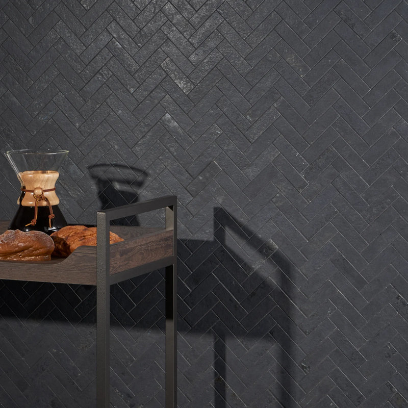 Portrait Herringbone Matte Porcelain Mosaic, Black Gold