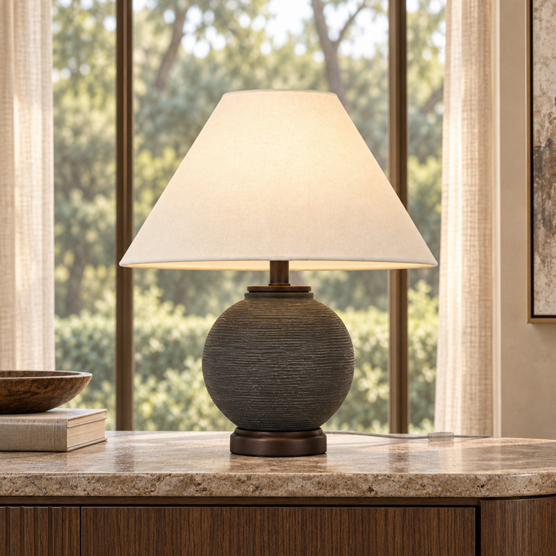 Lampe de table ronde moderne 1 lumière avec abat-jour en lin et base candélabre, céramique noire pour bureau à domicile