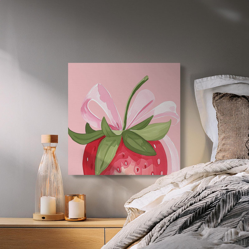 Strawberry Wall Art, Strawberry Print, Cute Fruit Decor, Strawberry with Bow, Kitchen Wall Art, Canvas Wall Art, Ready to Hang
