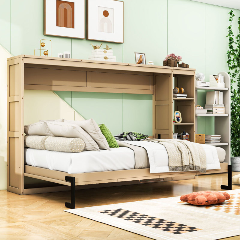 Lit escamotable en bois avec bibliothèque, Naturel, Double