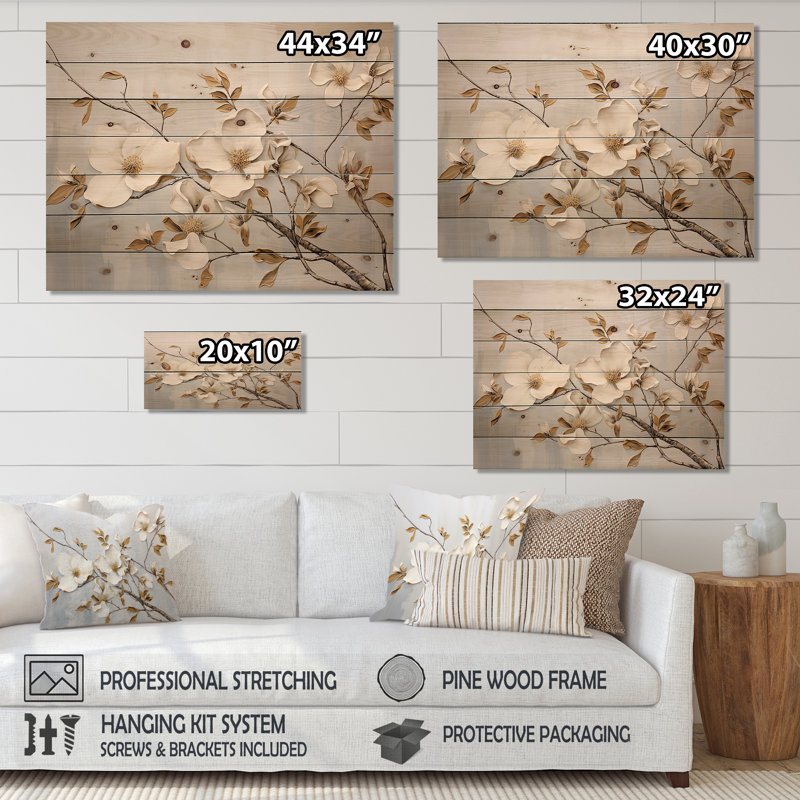 Blanc et doré Dogwood Peacefulness - art mural en bois de cornouiller sur bois de pin naturel, H 10 po x l 20 po