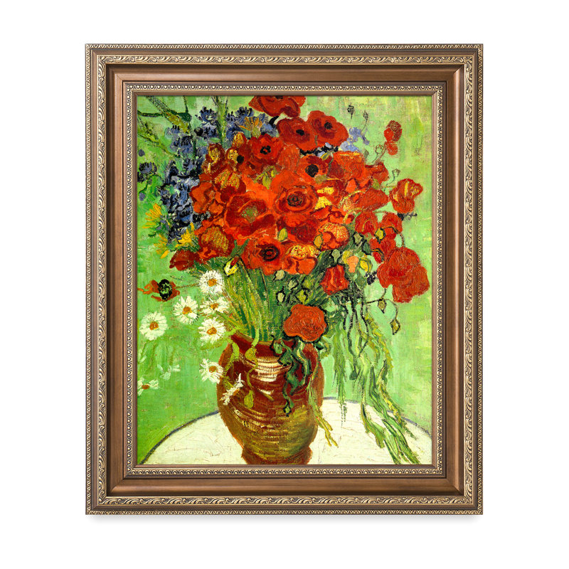 Coquelicots et marguerites rouges, H 16 po x l 20 po, Cadre brun orné