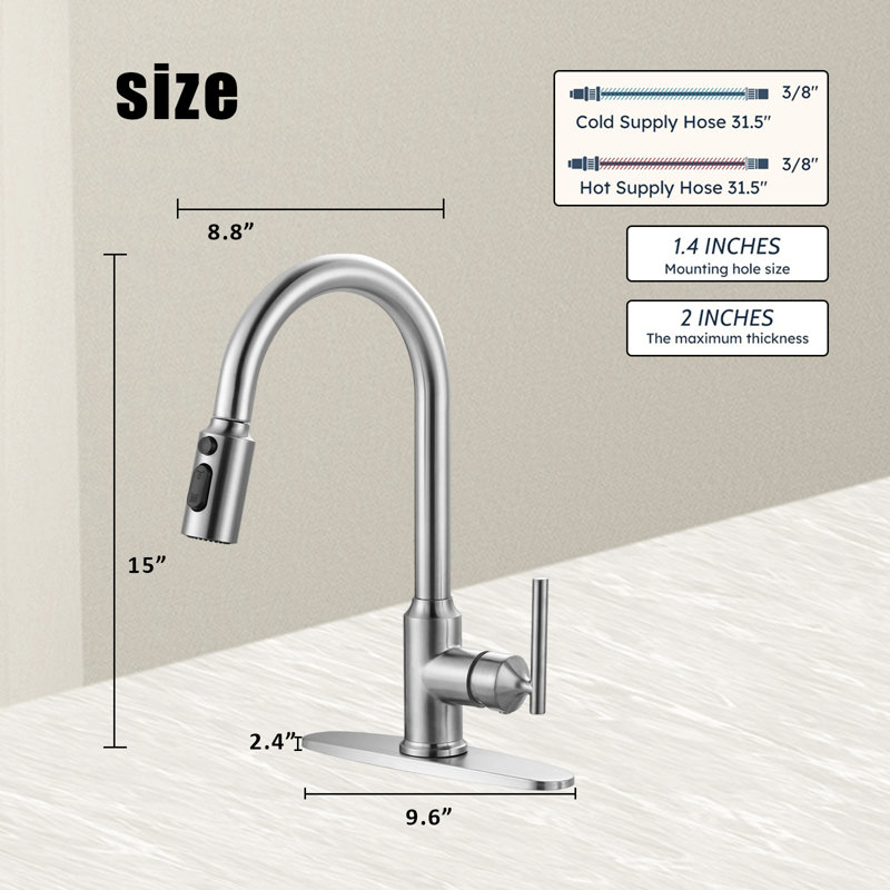 High Arc Single Handle Stainless Steel Kitchen Sink Faucet Pull Down Sprayer Faucet, 1 Or 3 Holes, Brushed Nickel