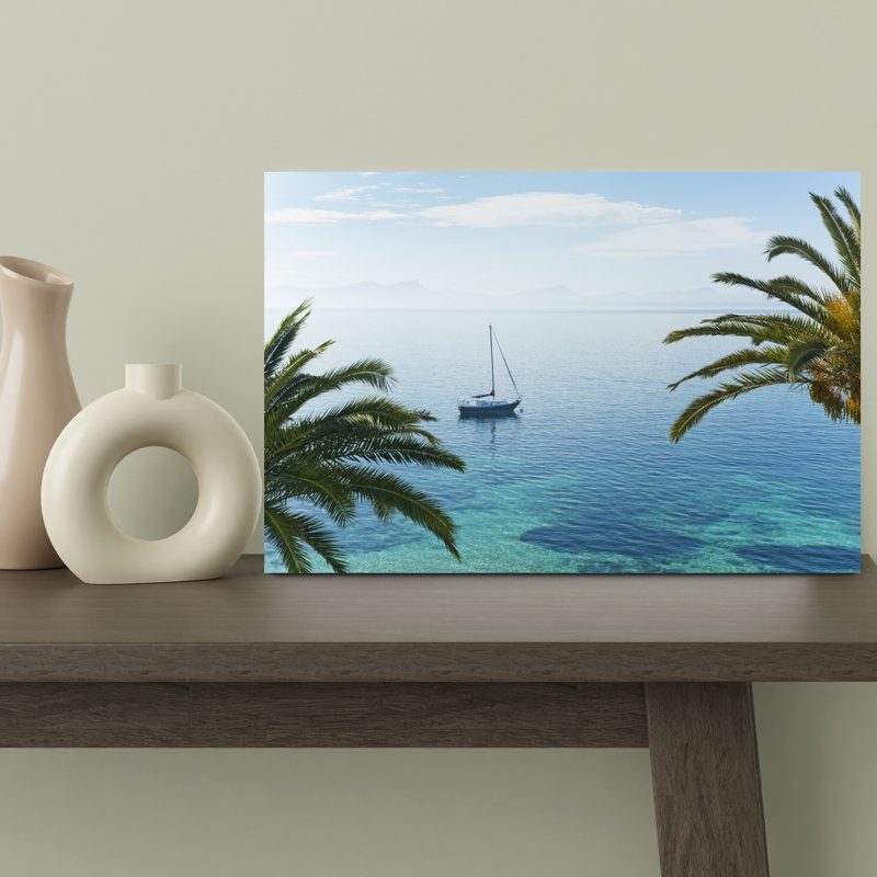 «Turquise Paradise», palmier abstrait, paysage côtier, reproduction d'art mural, 12" H x 18" W
