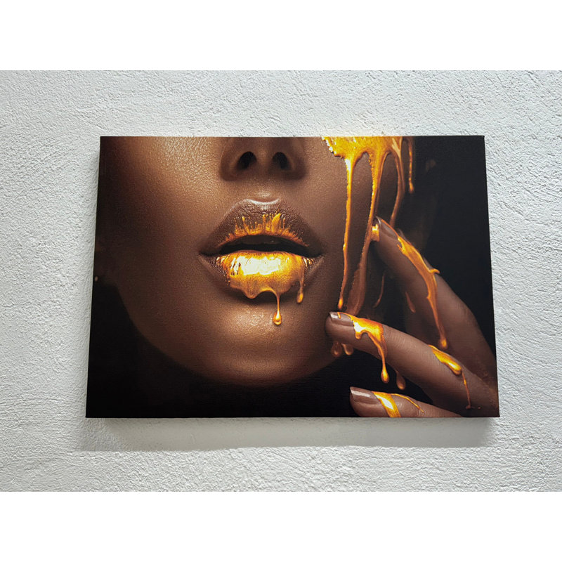 Impression sur toile «Golden Woman»: élégante décoration murale en verre trempé, toiles à cadre doré 1P