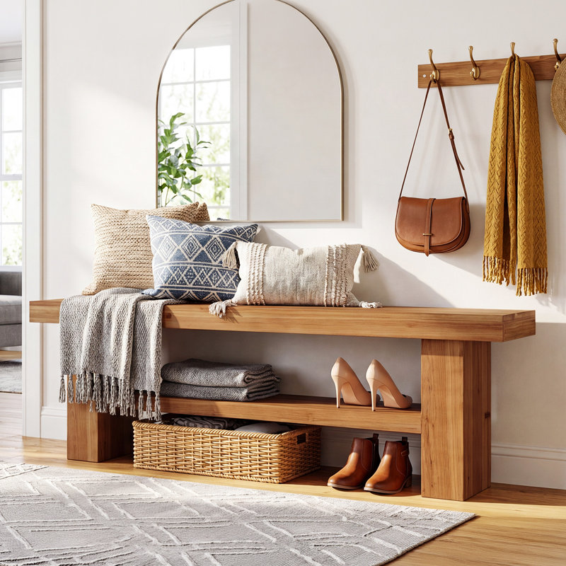 Banc de rangement pour chaussures de 63 pouces en bois massif avec tablette de rangement