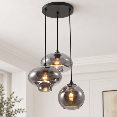 Lustre suspendu moderne à 3 lumières en verre fumé noir de 11 pouces pour une ambiance chaleureuse dans la salle à manger et le salon