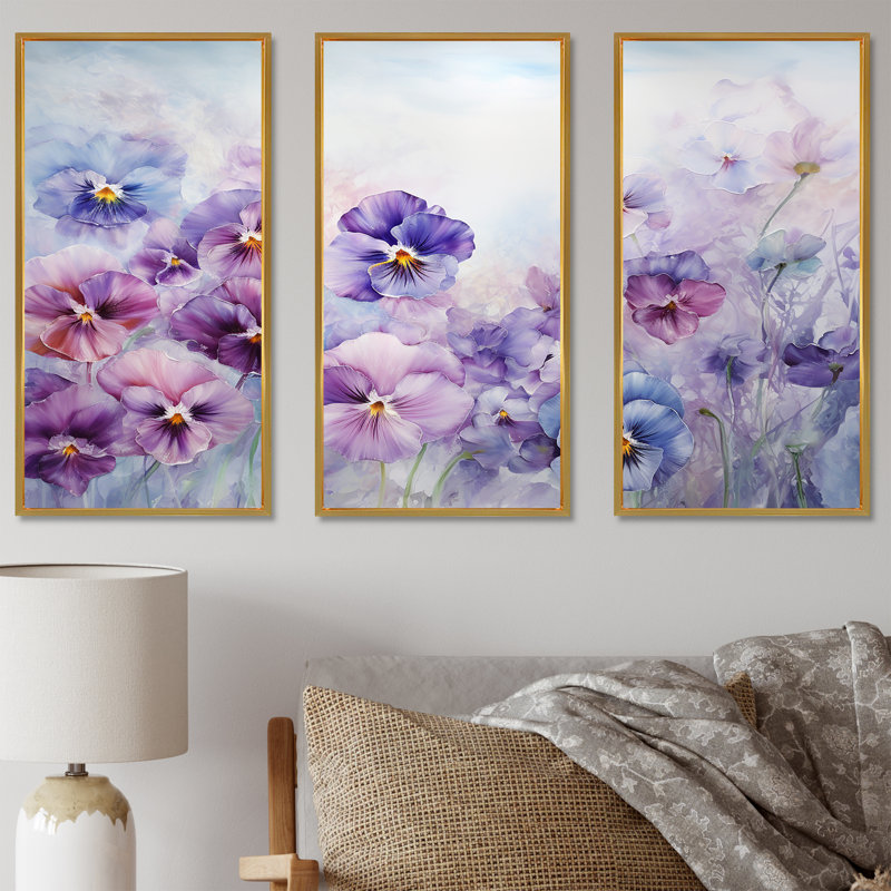 Ensemble de salon mauve avec fleurs mauves, Cadre flottant doré, H 32 po x l 48 po x P 1 po