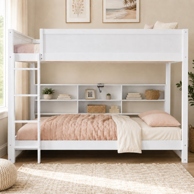 Queen over Queen Solid Wood Bunk Bed with Storage Cabinets and Built-in USB Ports, Space-Saving Design with Guardrails, No Box Spring Needed
