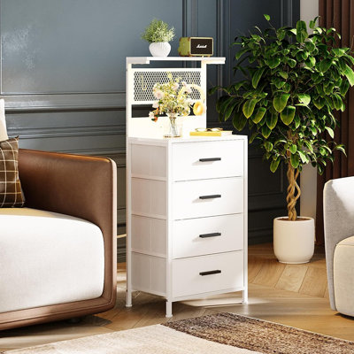 Nightstand 4 Drawer Dresser With Led Lights, Charging Station, Mesh Shelf With Hooks, Vertical Side Table With Fabric Drawers, End Table, Tall Dresser