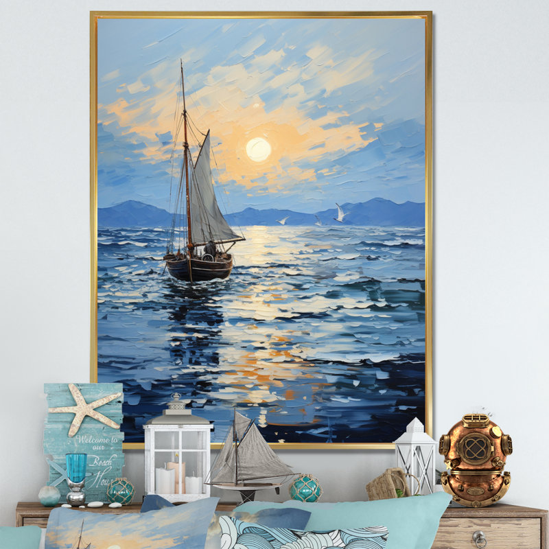 Bateau, voile, reflets, impression sur toile, H 44 po x l 34 po, Cadre flottant doré