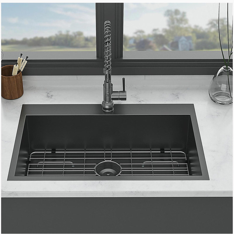 30 Drop In Kitchen Sink - Topmount Gunmetal Black Stainless Steel 16 Gauge Singe Bowl Kitchen Sink Basin