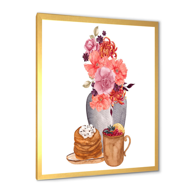Composition d'automne avec des tartes aux fruits et boissons chaudes - Peinture sur toile, Toile à cadre d'angle fermé doré