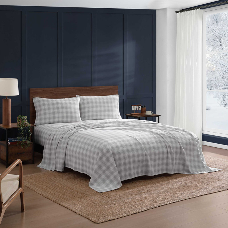 Tommy Hilfiger Mill Creek Plaid Grey Cotton Flannel Sheet Set, Queen Sheet Set with 2 Pillowcases, Mill Creek Plaid Grey