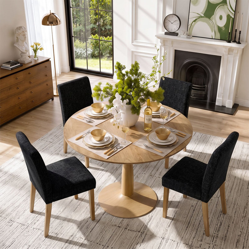 Ensemble de table et de chaises pour 4 personnes avec table ronde et 4 chaises rembourrées à pieds en bois massif, Noir
