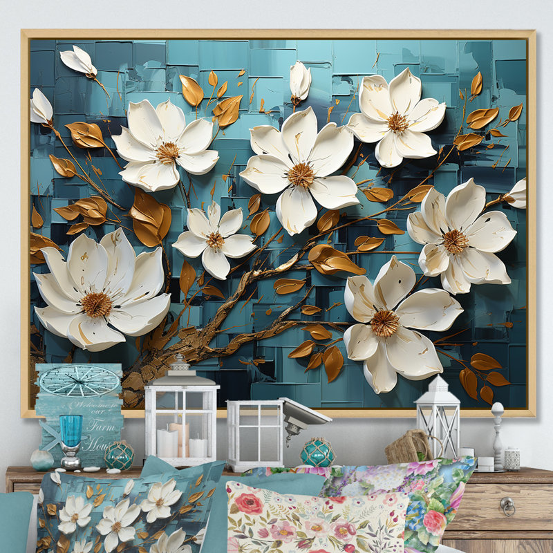 Blanc et bleu, charmante fleur printanière élégance IV - Fleurs, art mural, Cadre flottant brun, H 24 po x l 32 po x P 1 po