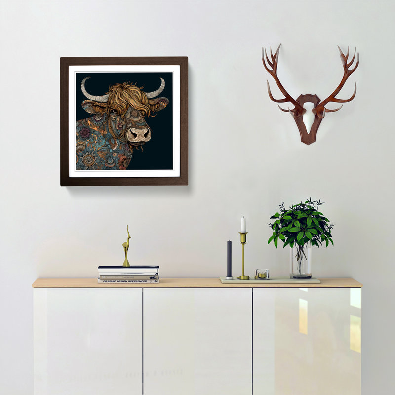 Highland Cow Paisley No.2 - Single Picture Frame Print on Wood, Walnut
