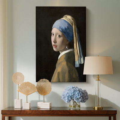 Fille avec une boucle d'oreille perle - Toile tendue avec châssis par Johannes Vermeer