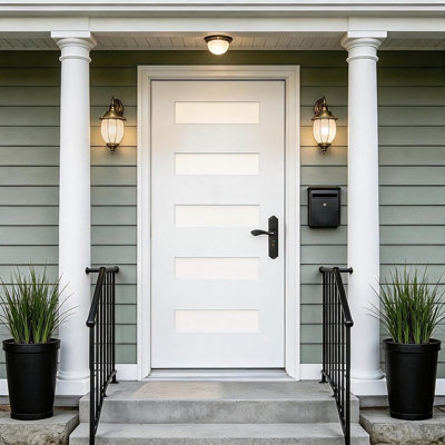 Porte d'entrée en fibre de verre 36 po x 80 po avec cadre en PVC blanc 4/9 / 16 po, porte extérieure à gauche avec moulure de brique, peau lisse brossée minimaliste contemporaine avec verre givré pour l'entrée de la maison, blanc