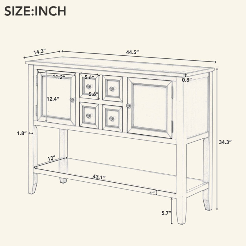 Ample console de rangement rétro avec quatre petits tiroirs et une tablette inférieure pour les salons, les entrées et les cuisines