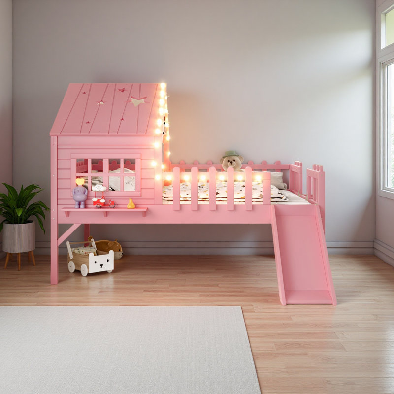 House Loft Bed With Slide,Playhouse Bed With Star Moon-Shaped Designs And Window, Chic Design With LED Lights,No Box Spring Needed