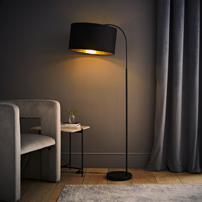 Avacyn 155 cm Curva Trend Black Floor Lamp + Reni Large Black with Gold Inner Drum Shade