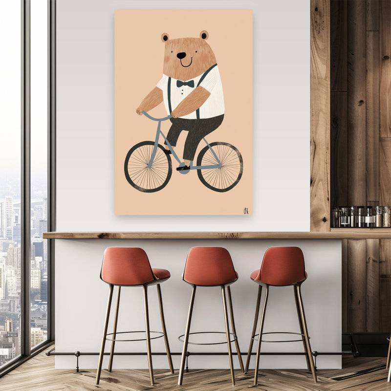 «Dapper Bear Cycling Playful Whimsical Contemporary», reproduction d'art murale, H 60 po x l 40 po