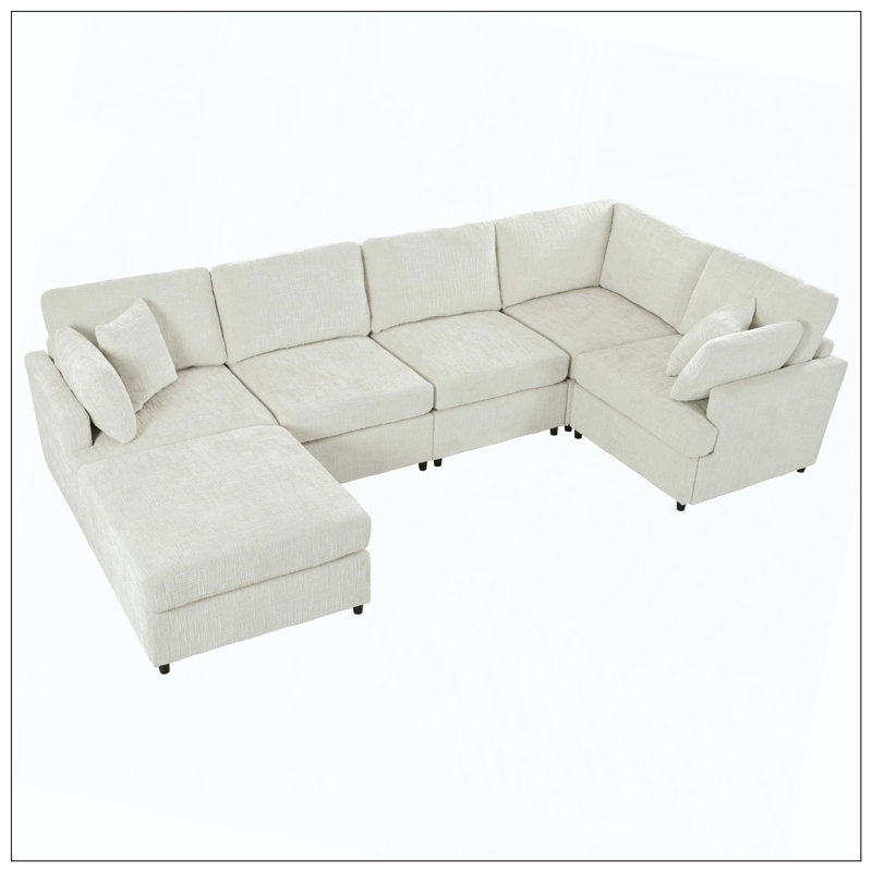 Repose-pieds modulaire en chenille 6 pièces avec canapé modulaire en chenille 6 pièces, Beige