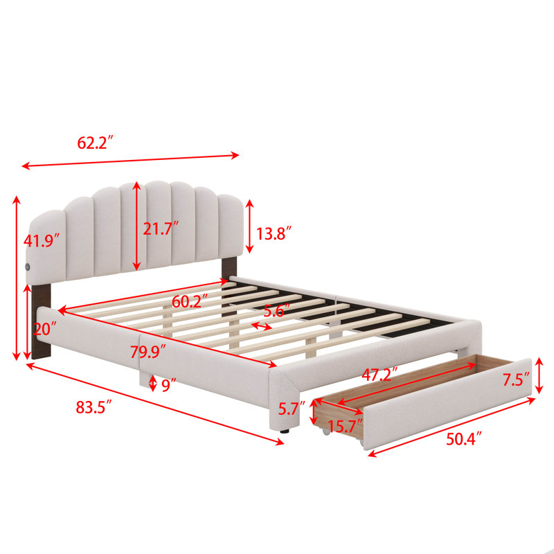 Lit plateforme tapissier grand avec panneau de rangement Teddy, Beige