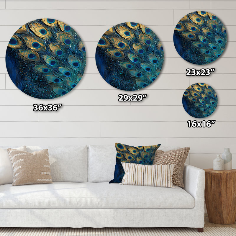 Plume de paon turquoise - art mural rond bohème, art mural rond en métal bleu, H 23 po x l 23 po