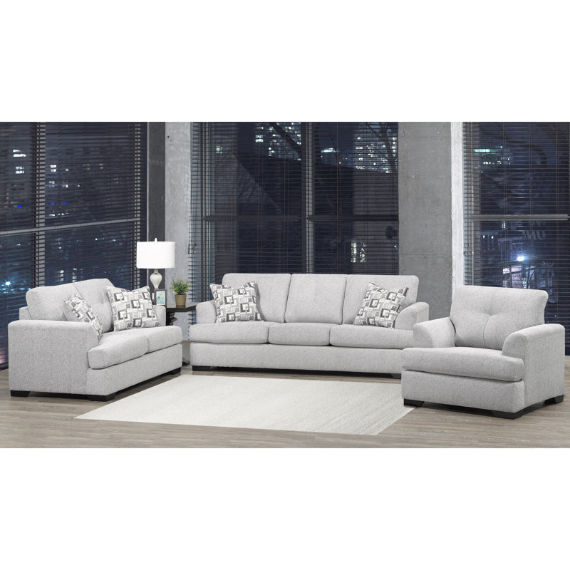 Canapé, causeuse et fauteuil en tissu Abilio, Polyester argenté